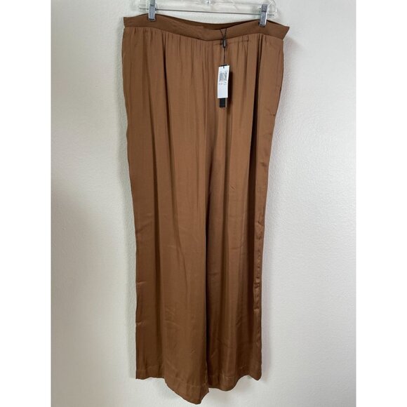 NEW Tahari Womens XL Wide Leg Elastic Waist Pants Brown Pull On Satin - Picture 1 of 9